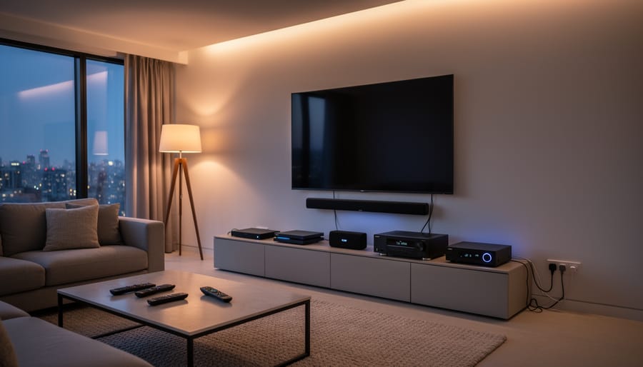 Modern home theater setup with TV, sound system, and gaming console in contemporary living room