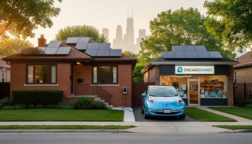 Eye-level view of a Chicago brick bungalow and nearby storefront with rooftop solar panels and an electric car charging in the driveway at golden hour, with leafy trees and a faint Chicago skyline in the background.