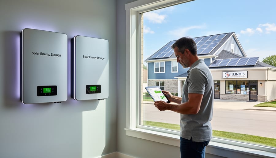 Illinois residential home with rooftop solar panels and wall-mounted battery storage system