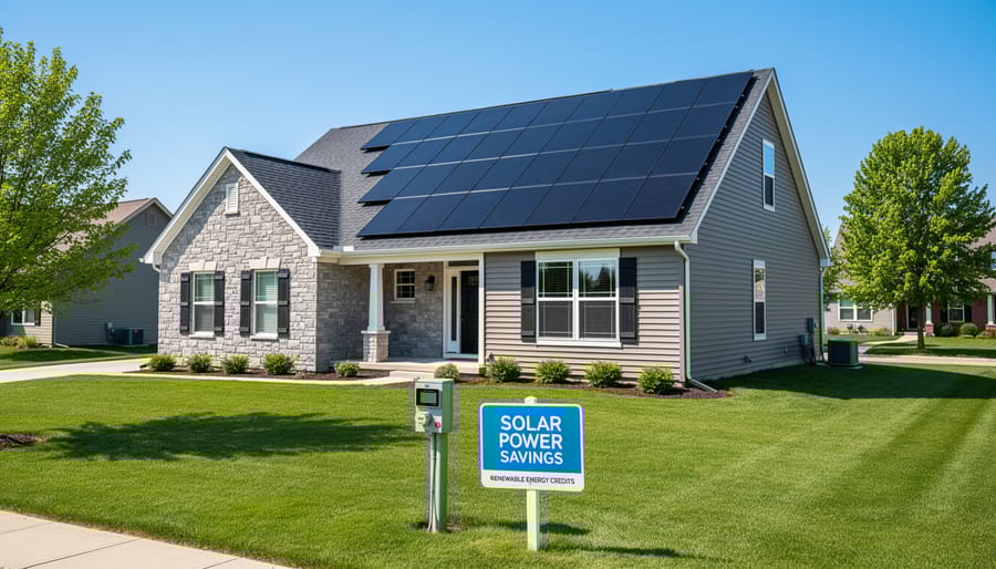 Modern home with rooftop solar panel array installation