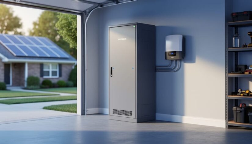 Repurposed EV battery cabinet in an Illinois home garage beside an inverter, with rooftop solar panels softly blurred in the background.