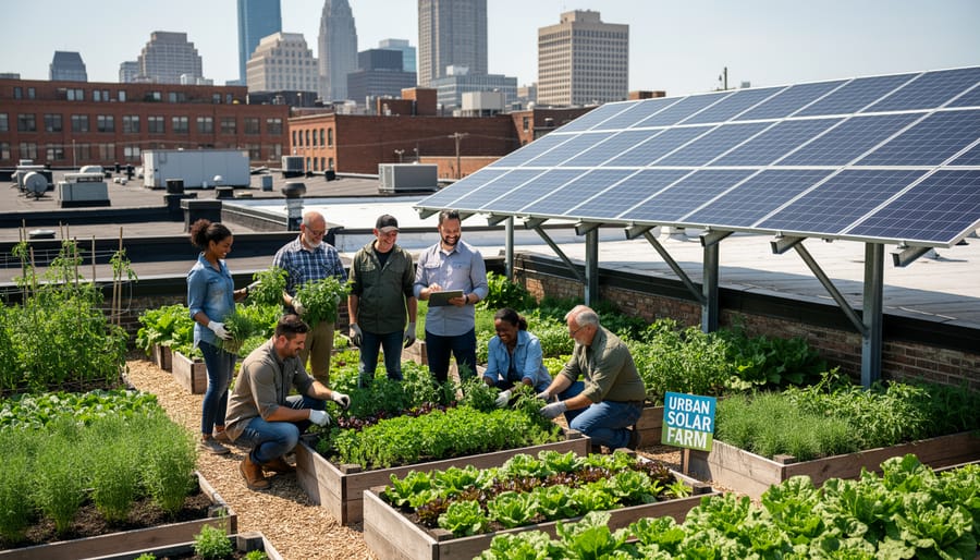 Urban farmers with fresh produce standing in front of solar-powered greenhouse facility