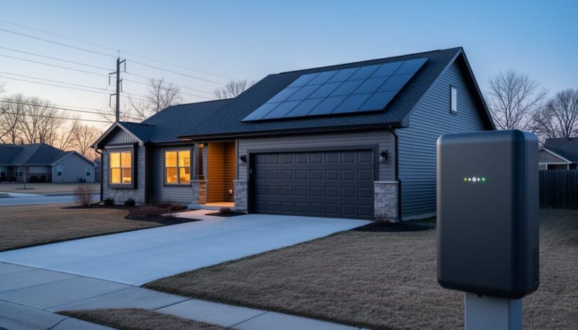 Suburban Illinois house at dusk with rooftop solar panels and a wall-mounted home battery near the garage, warm interior lights glowing as utility poles and bare trees sit in the background.