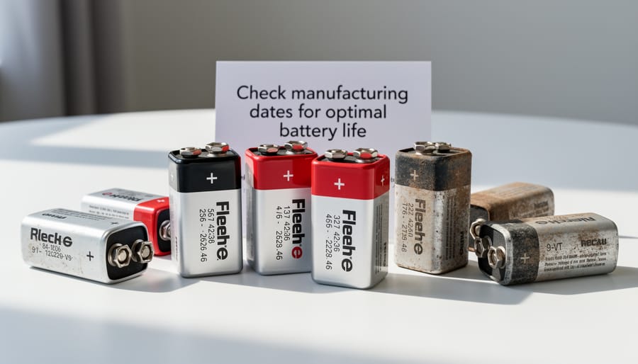 Close-up of various 9-volt batteries on wooden surface showing manufacturing details