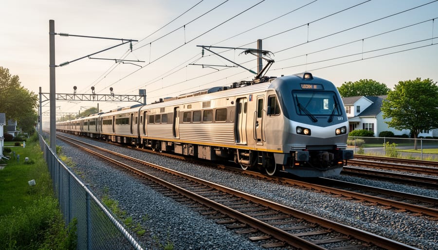 Modern Amtrak train operating under electric catenary wires on the Northeast Corridor