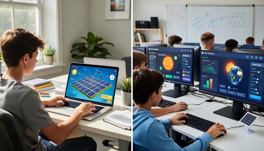 Student using laptop for online solar energy education with small panel kit