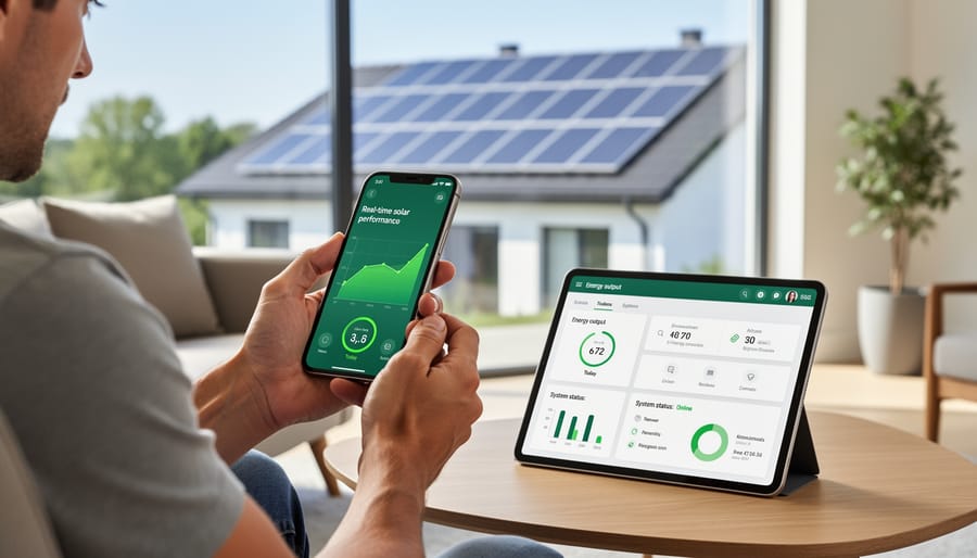 Person holding smartphone showing solar energy monitoring dashboard with solar panels in background