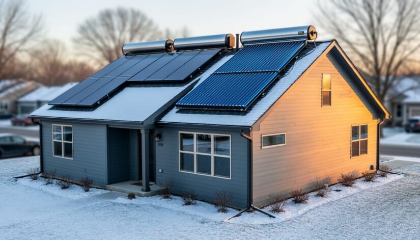 Midwestern suburban house in winter with evacuated-tube solar thermal collectors and photovoltaic panels on the roof, golden side light and leafless trees in the softly blurred background.