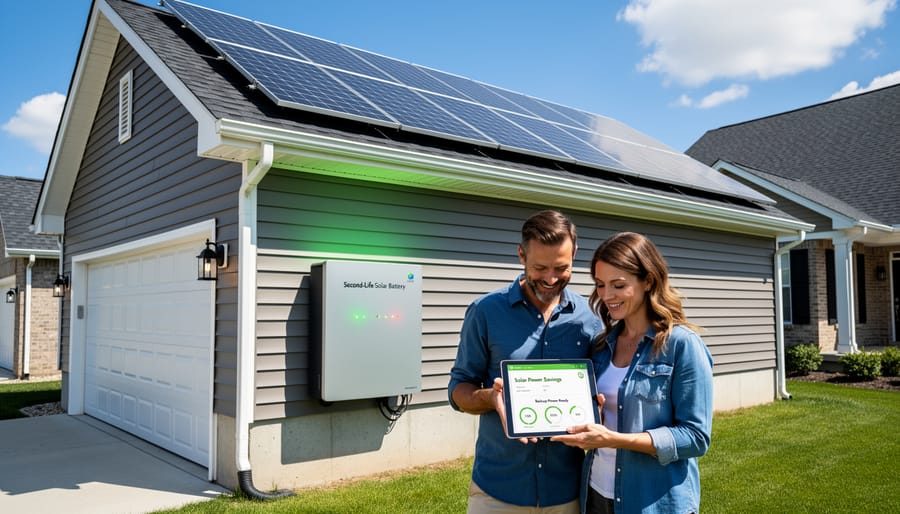 Home battery storage system installed on exterior wall of residential house