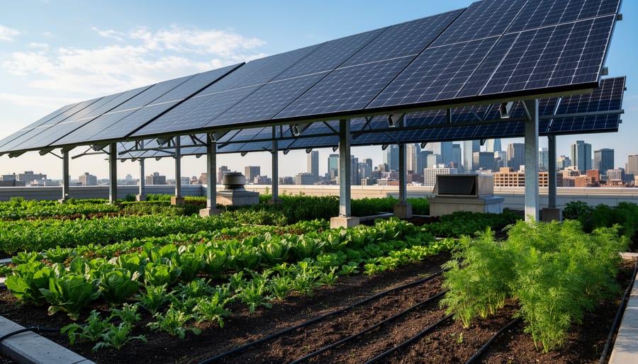 Rooftop solar panel installation mounted above urban vegetable garden with city skyline in background