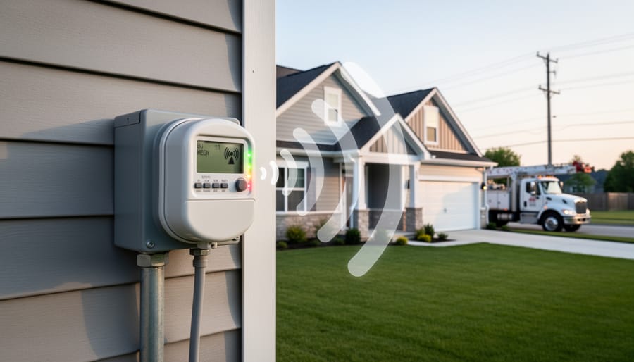 Digital smart meter mounted on brick wall of residential home