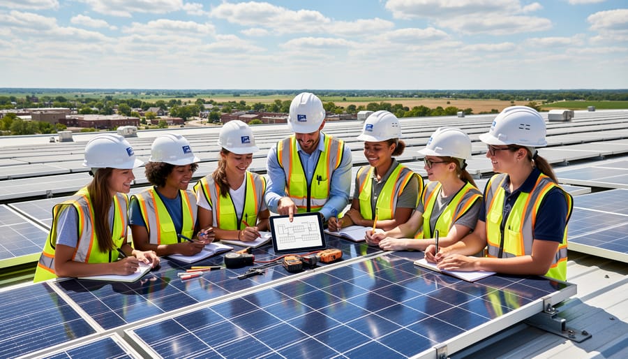 Young apprentice learning solar installation techniques from experienced professional