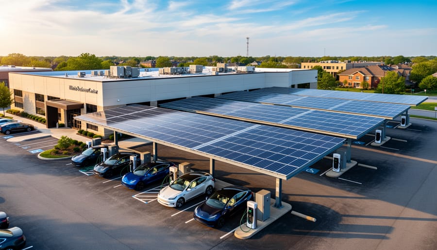 Commercial solar panel installation with electric vehicle charging stations below