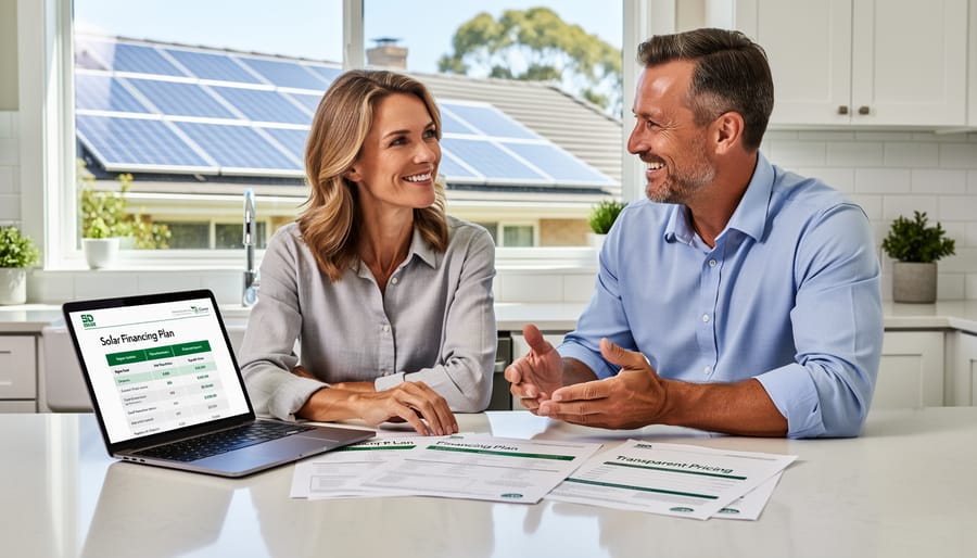 Homeowner and solar consultant shaking hands in front of home with solar panels