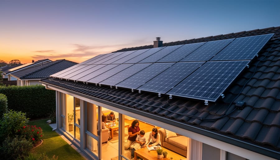 Residential home with solar panels on roof at sunset with interior lights on