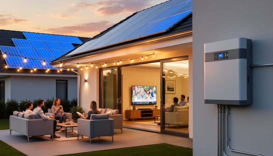 Solar panels on residential roof at dusk with home interior lights visible through windows