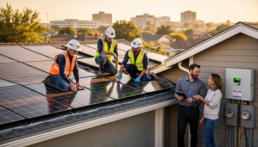 Homeowner and solar installer shaking hands in front of home with completed solar installation