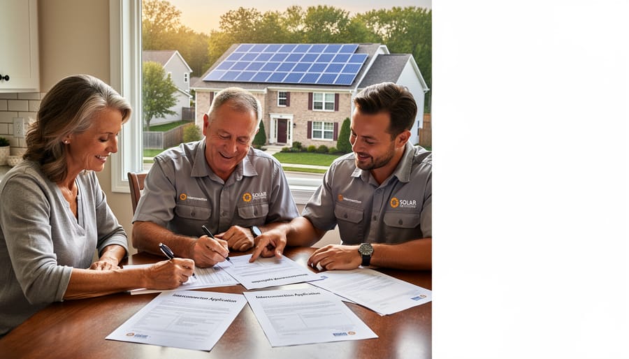 Homeowner consulting with solar installer about interconnection process with installed panels visible
