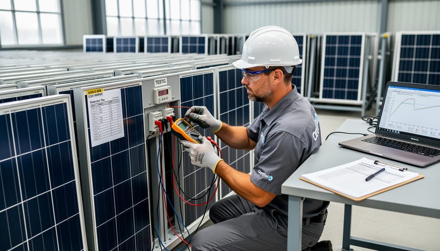 Solar installer testing electrical connections on panel with digital multimeter
