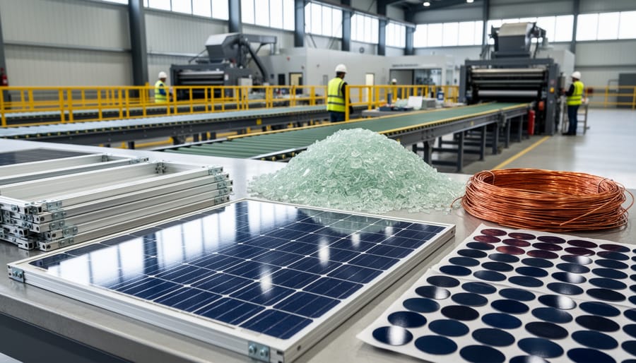 Disassembled solar panel showing internal components including silicon cells, aluminum frame, and copper wiring