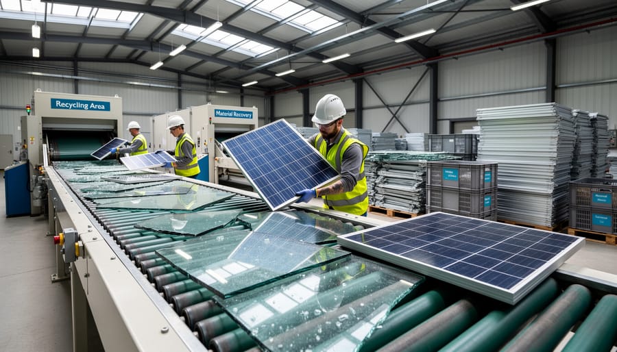 Worker separating layers of solar panel during recycling process at industrial facility