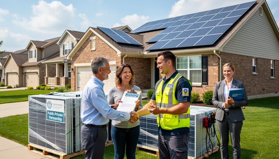 Solar installation workers and homeowners collaborating on residential rooftop solar panel project in Illinois