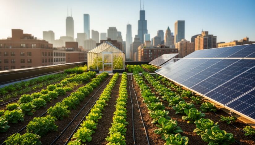 Chicago rooftop urban farm with rows of greens, drip irrigation, solar panels, and a small greenhouse under golden hour light, with the city skyline in the background.