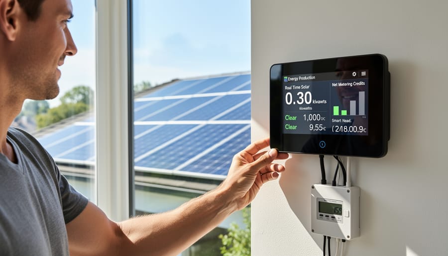 Homeowner viewing energy monitoring system with solar panels on house roof in background