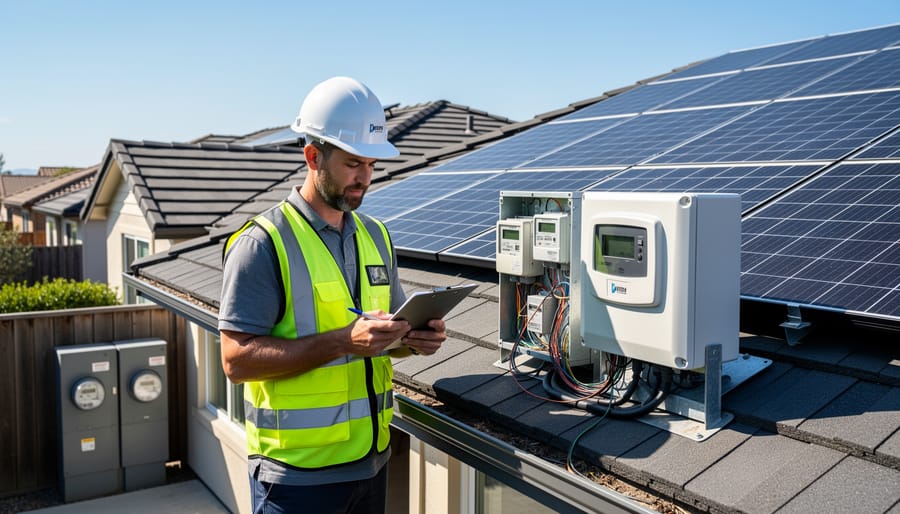 Utility inspector examining solar inverter equipment during interconnection approval process