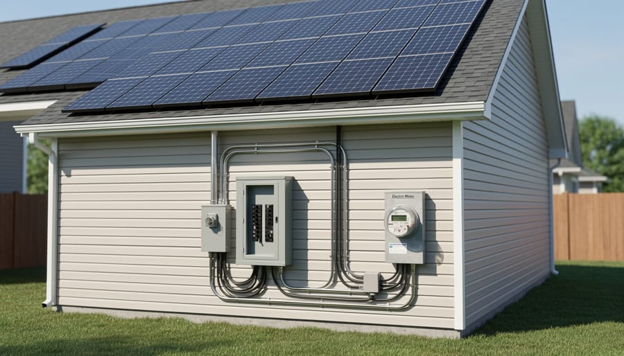 Residential solar panel installation showing connection between rooftop panels and utility meter