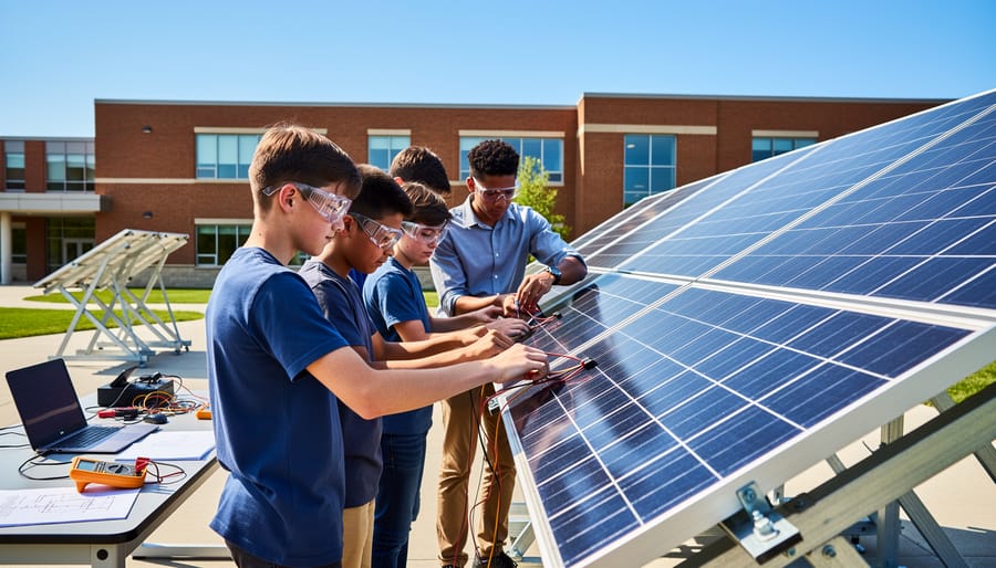 High school students examining solar panels during educational site visit