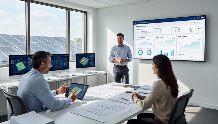 Customer service team collaborating with AI technology displays in solar company office