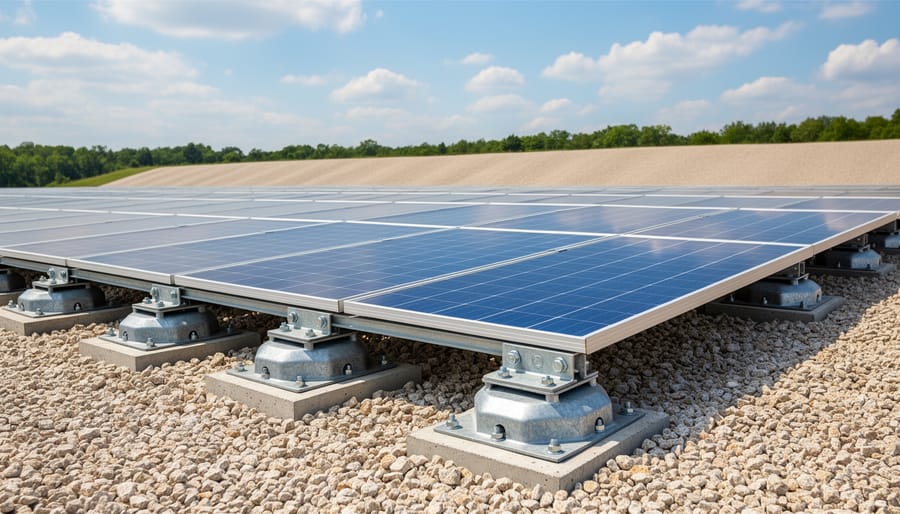 Close-up of ballasted solar panel mounting system designed for landfill installations
