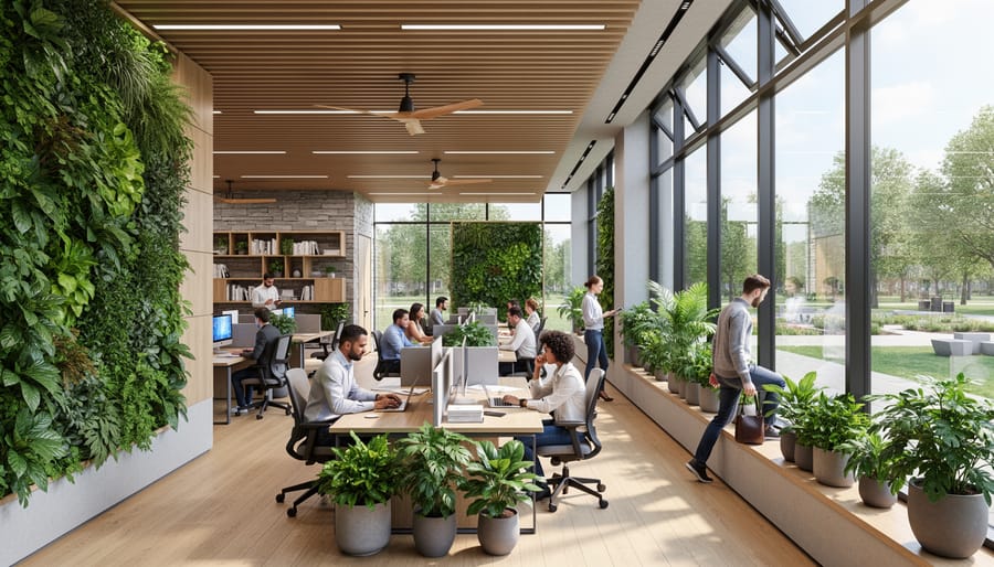 Business team working in biophilic office space with living green wall and natural materials