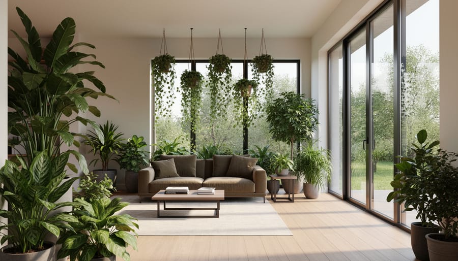 Modern office interior with large windows, natural light, and integrated plant elements