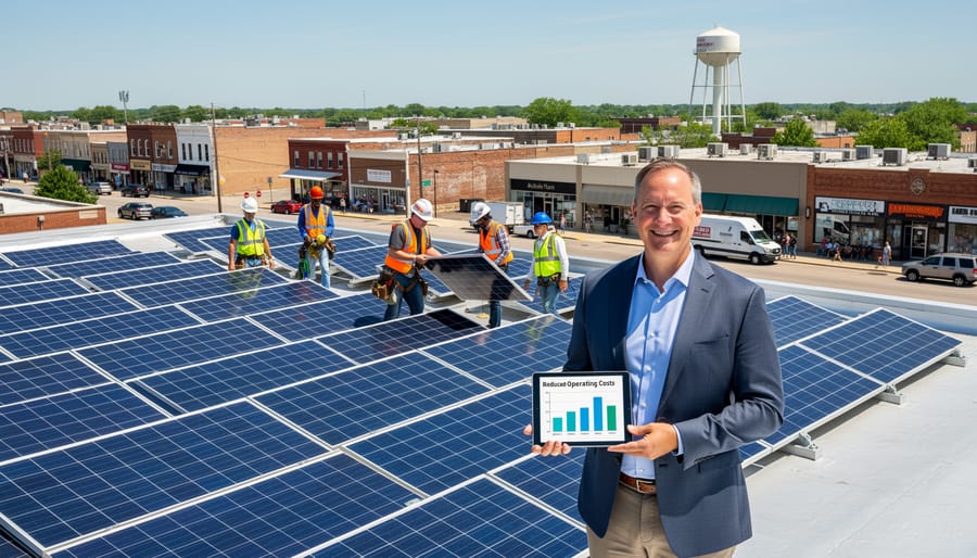 Small business owner standing in front of their solar-powered shop in Illinois