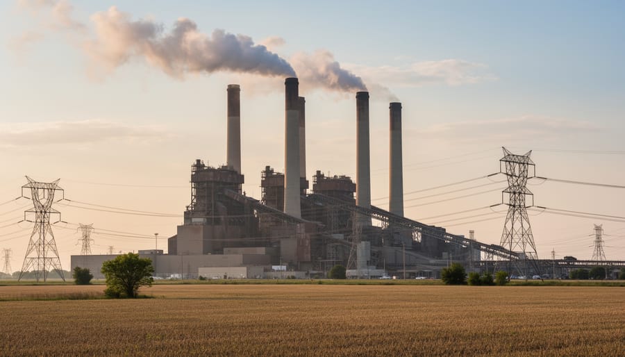 Industrial coal power plant with cooling towers against gray sky