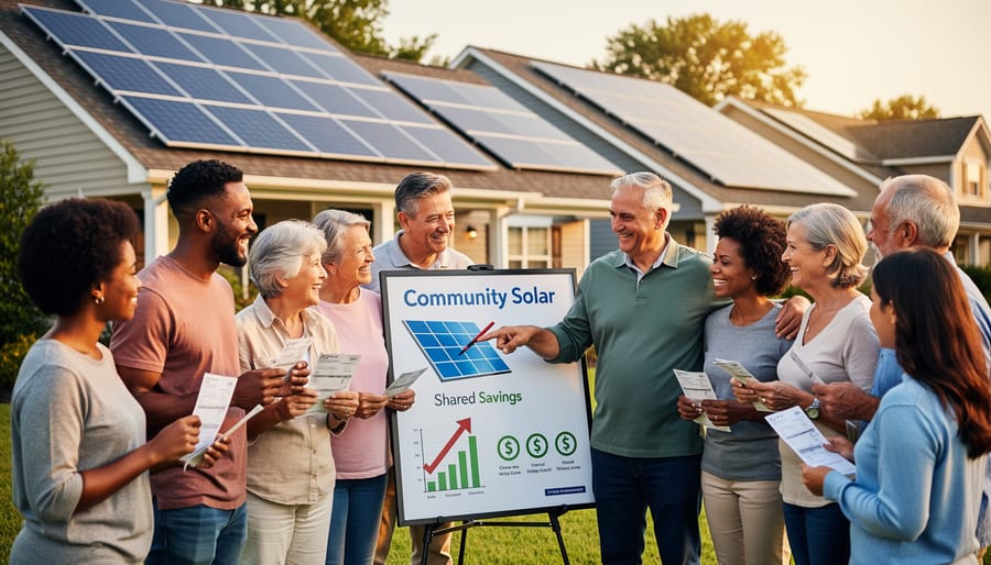 Group of diverse neighbors standing together in residential neighborhood with solar panels on homes