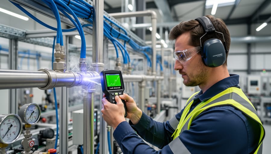Maintenance technician checking compressed air system for leaks with pressure gauge