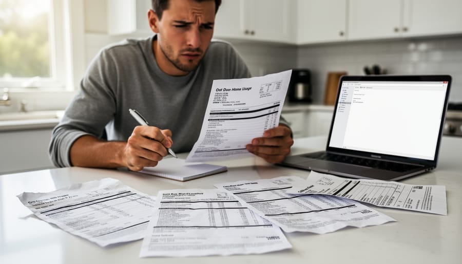 Person reviewing multiple paper utility bills with confused expression at kitchen table