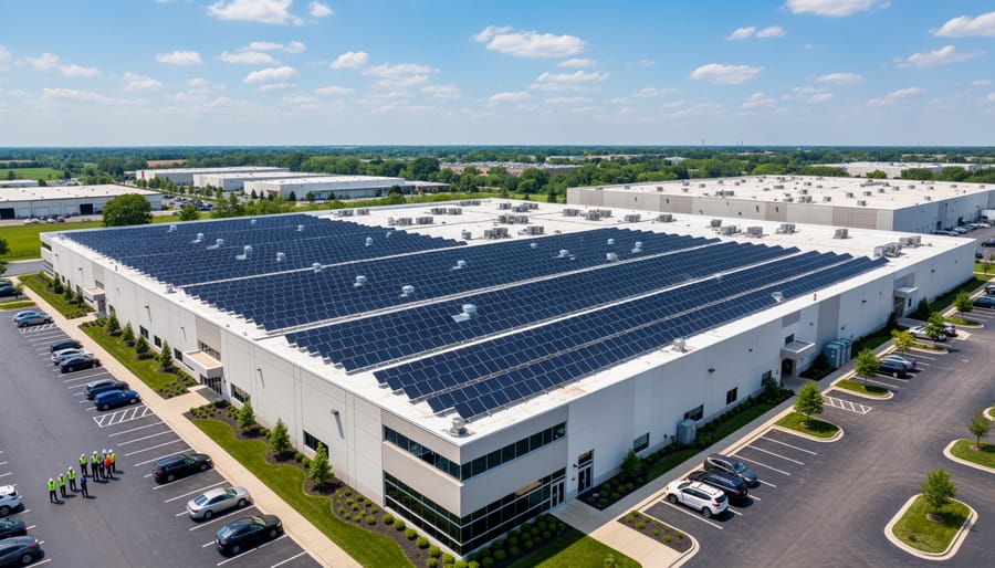 Large commercial solar panel installation on industrial rooftop with city skyline in background