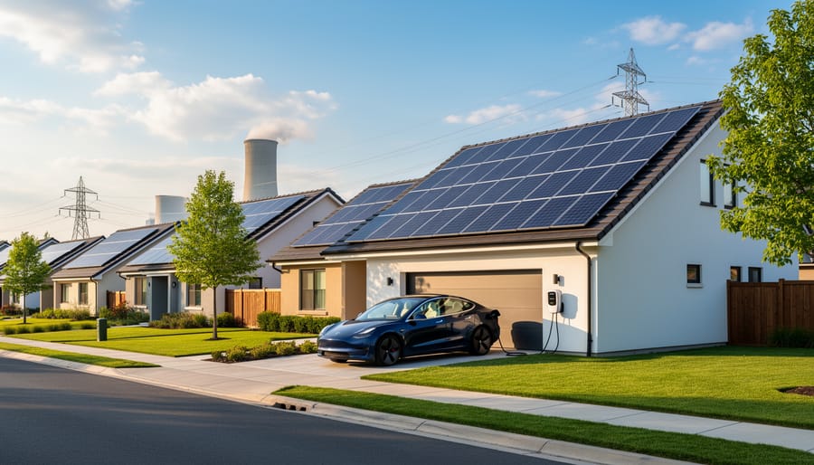 Solar panels installed on residential rooftop with suburban neighborhood visible in background