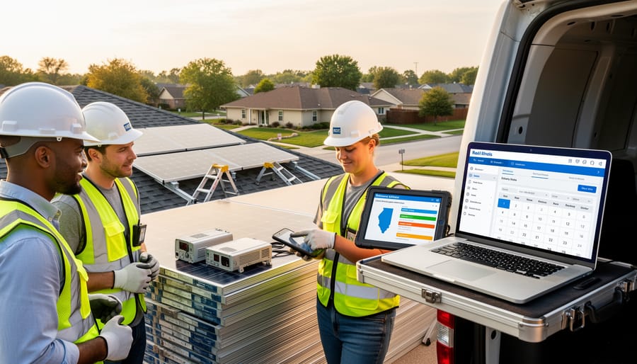 Solar installer using digital tablet to track equipment on residential job site