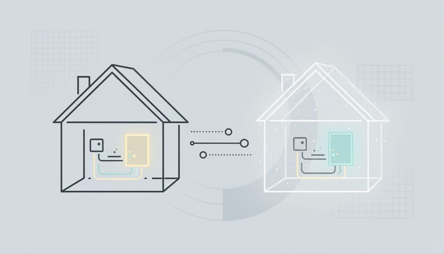 Modern home with digital overlay visualization showing energy flow patterns