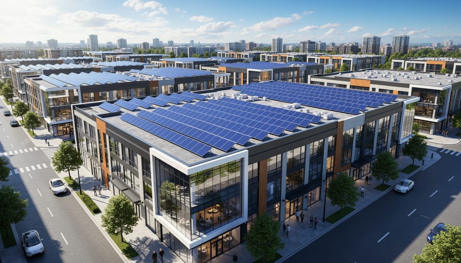 Aerial view of Illinois downtown with solar panels on multiple commercial building rooftops