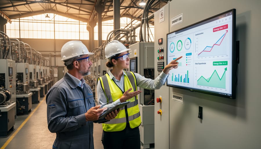 Facility manager reviewing energy efficiency data on tablet in food manufacturing plant