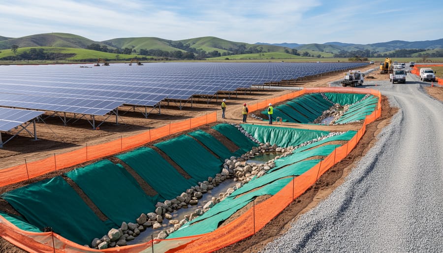 Construction site showing erosion control barriers and stormwater management systems at solar development