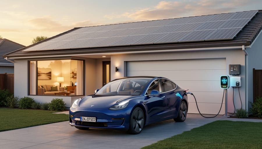 Electric vehicle charging at home with bidirectional charger and solar panels on roof