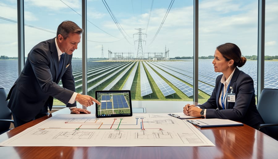 Utility worker inspecting commercial solar panel installation and electrical connections
