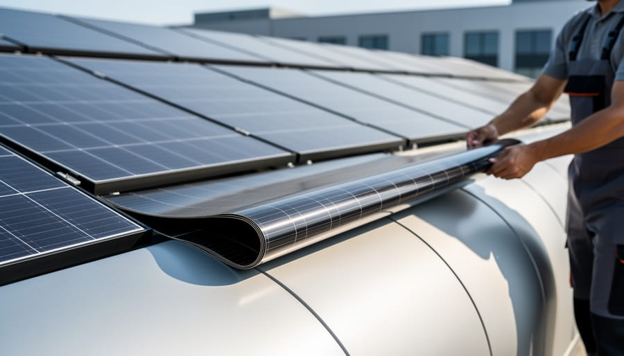 Hands demonstrating the flexibility of a thin perovskite solar cell material